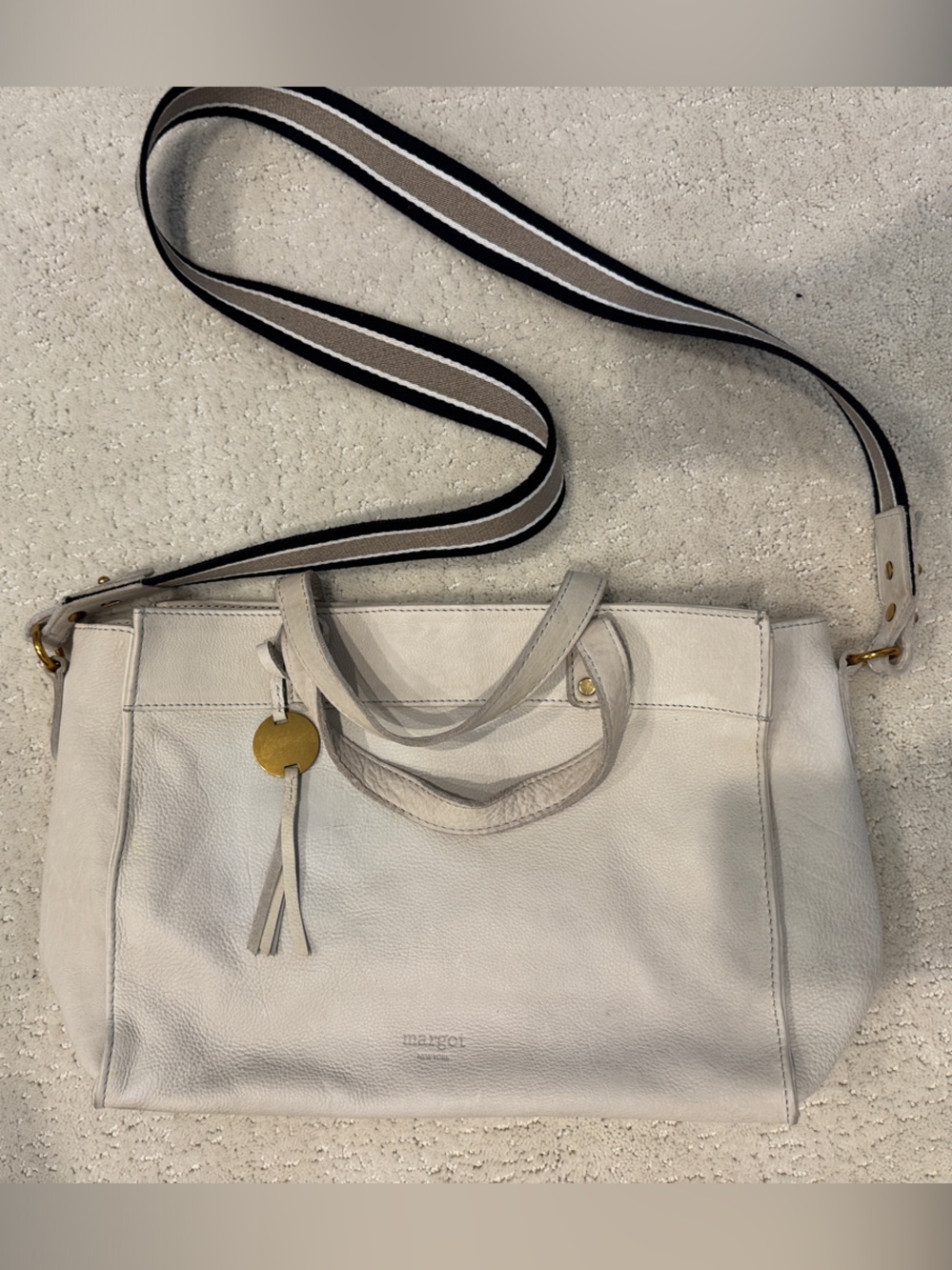 Margot New York Women's Cream Leather Crossbody Tote with Striped Strap